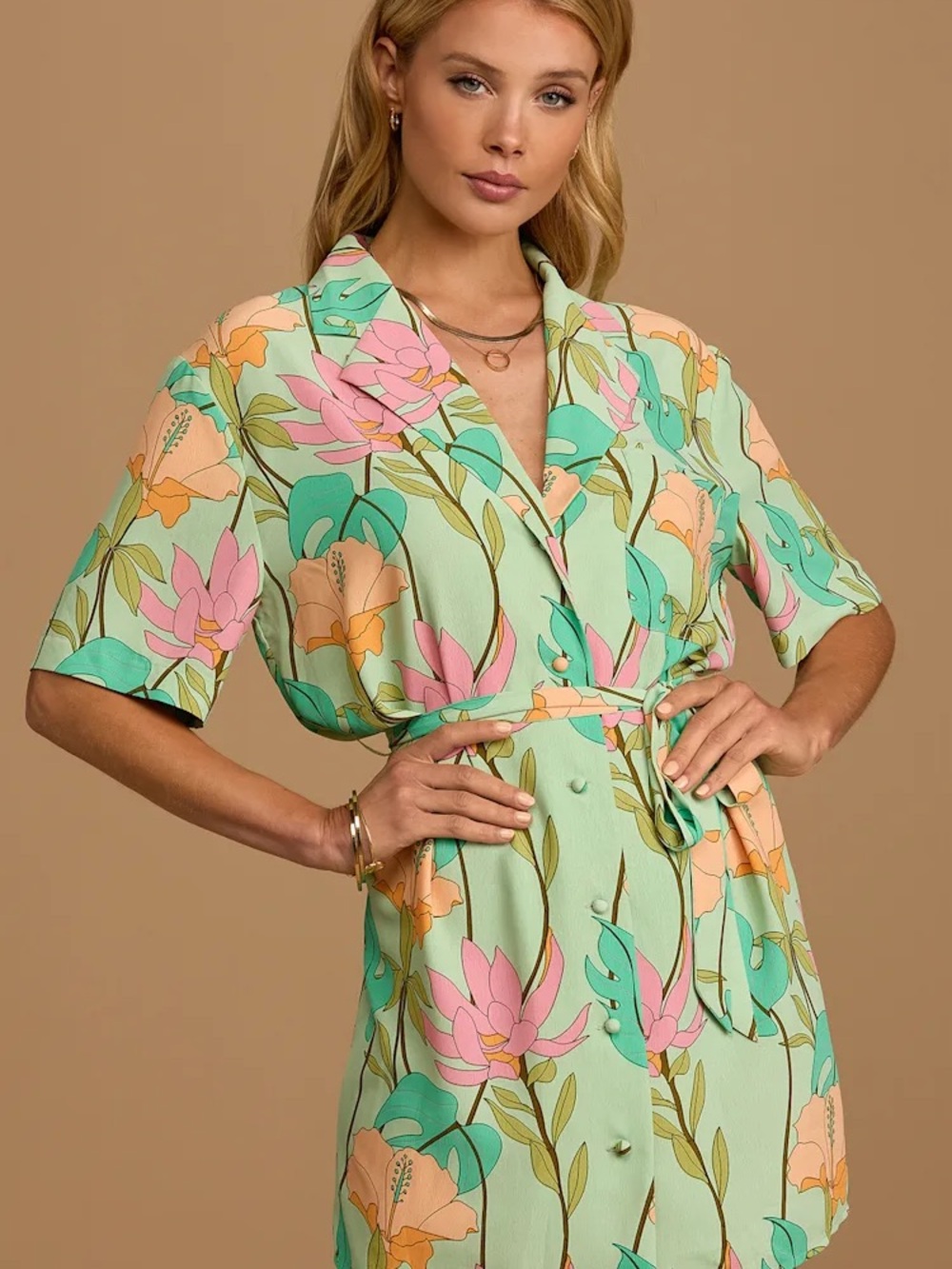 Lulus Tropical Pattern 80s-Style Shirt Mini Dress